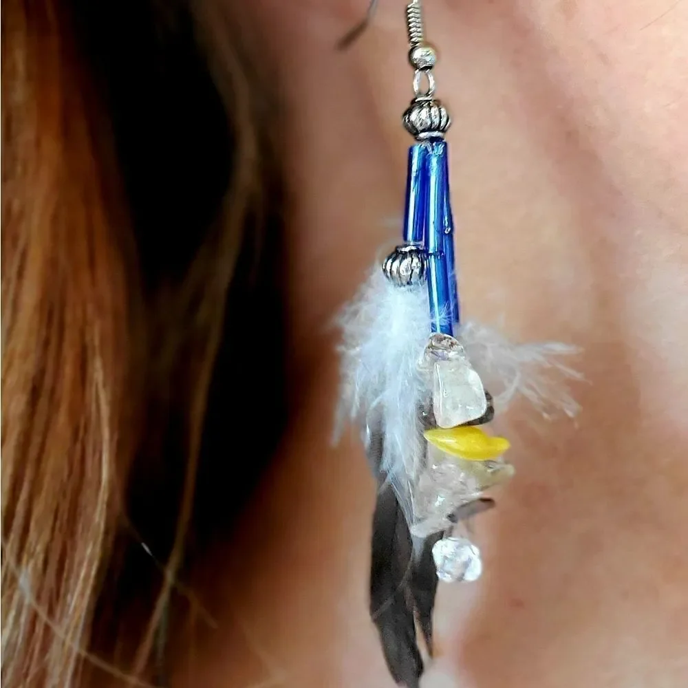 NWT! Artisian handmade feather crystal earrings